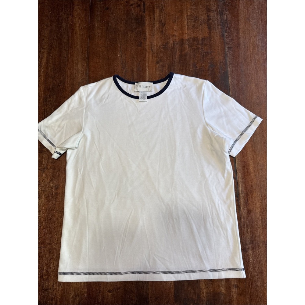 Sport Savvy T-shirt Stretch Jersey Scoop Neck White With‎ Navy Stitching